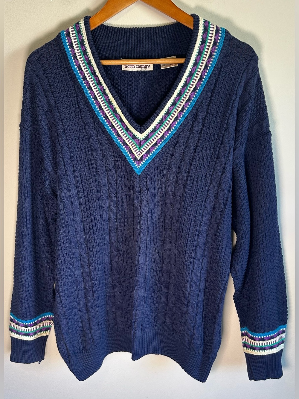 Vintage 90s North Country By Eaton Navy Cable Knit Cotton V Neck Sweater Size S